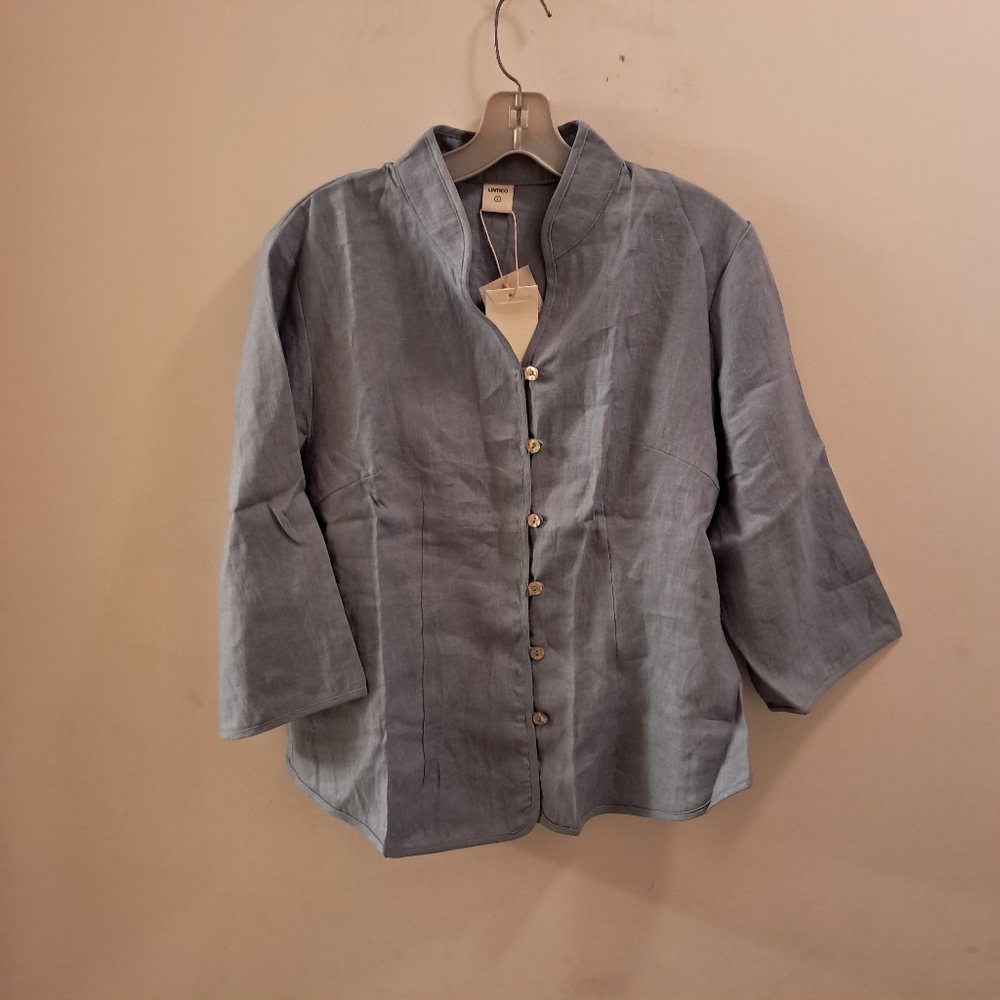 Lintico Top Women's Large L Blue Chambray Linen Fitted Office Career Coastal - Picture 2 of 13